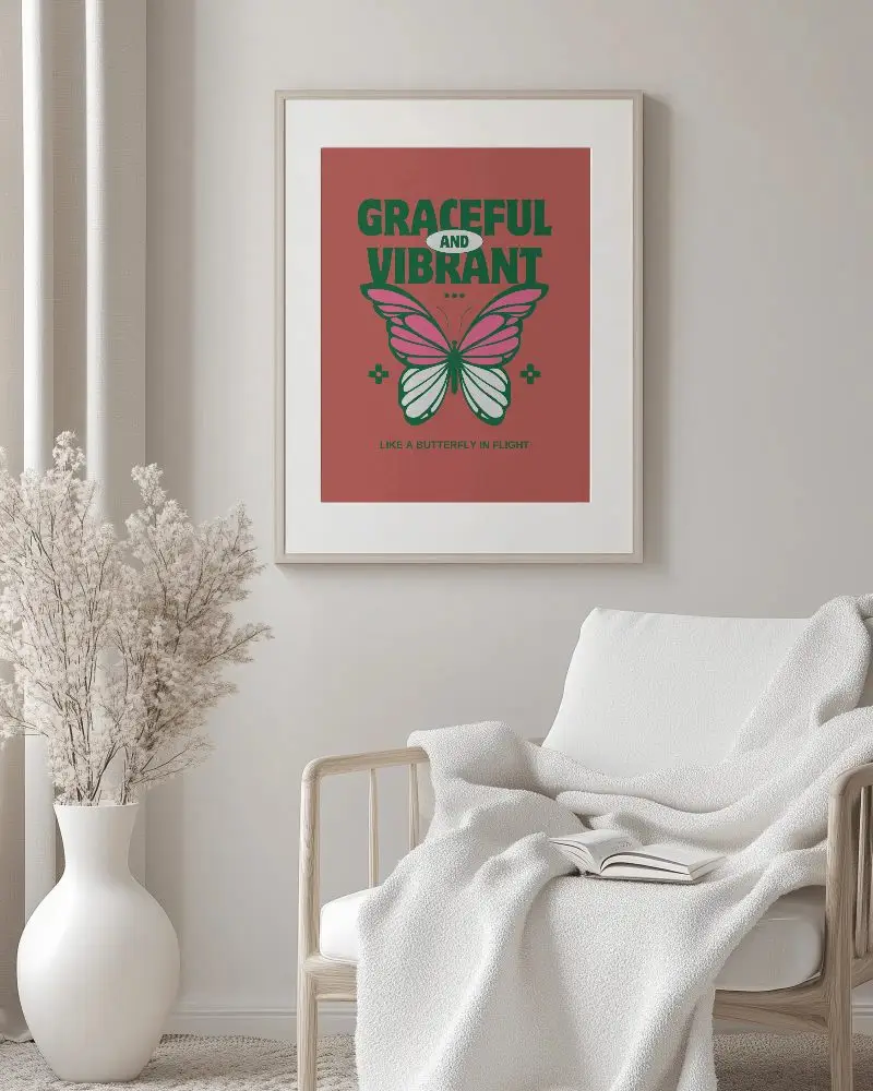 Elegant Neutral Interior Photoframe Mockup On Wall Above Textured Armchair And Vase With Dried Blooms Perfect For Promoting Modern Minimalist Artworks