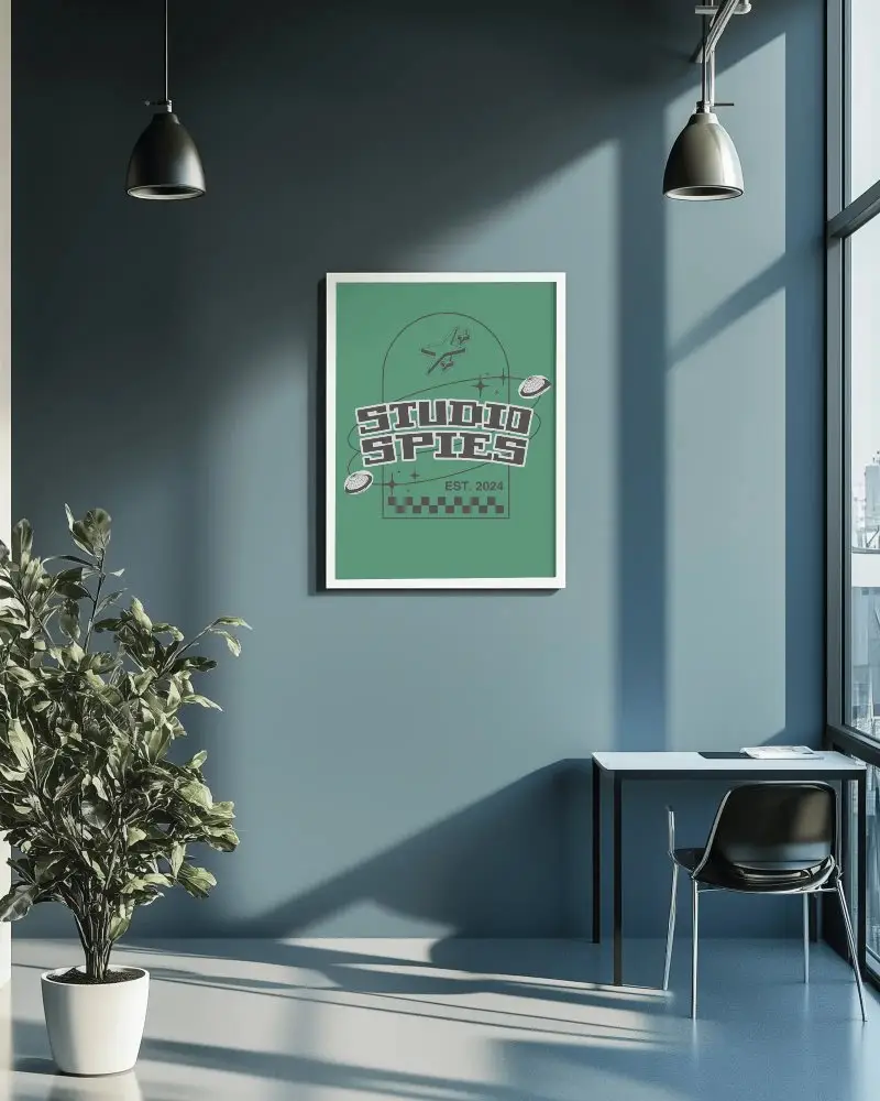 Cozy Light Filled Office Poster Frame Mockup On Blue Wall Perfect For Branding Or Art Display Modern Décor And Serene Ambience