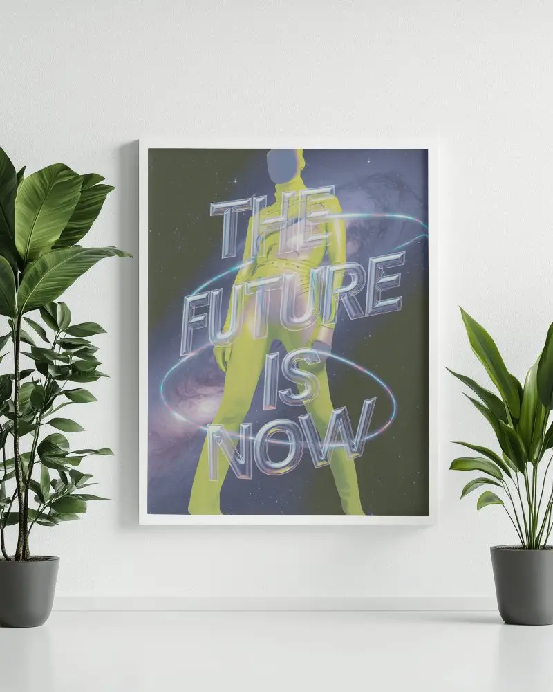 Cfuturistic Interior Photoframe Mockup Colorful Sci Fi Poster With Glowing Text And Space Background Between Modern Indoor Plants 0201