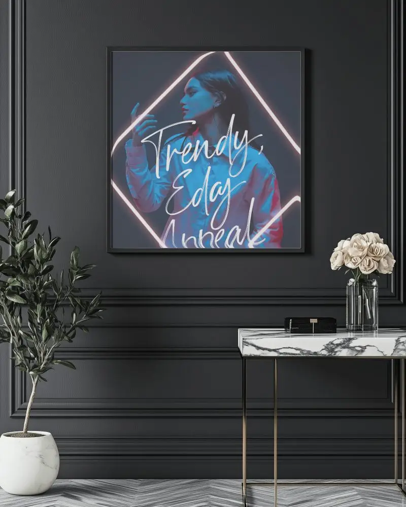 Dark Modern Interior Photoframe Mockup Glamorous Wall Art With Neon Light Portrait And Chic Decor Elements Luxury And Edgy Vibe 0202