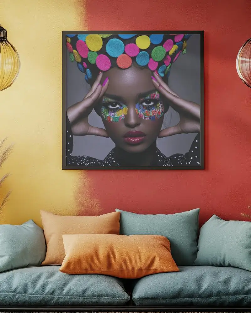 Colorful Living Room Photo Frame Mockup Bold African Inspired Portrait In Black Frame Against Dual Tone Wall Modern Vibrant Interior 0204