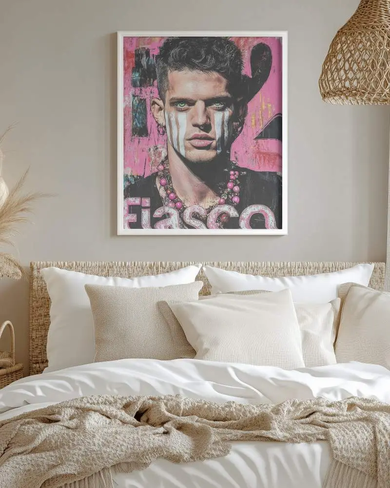 Stylish Wall Art Photoframe Mockup In Woven Headboard Bedroom With Cream Bedding And Hanging Rattan Lamp 0206