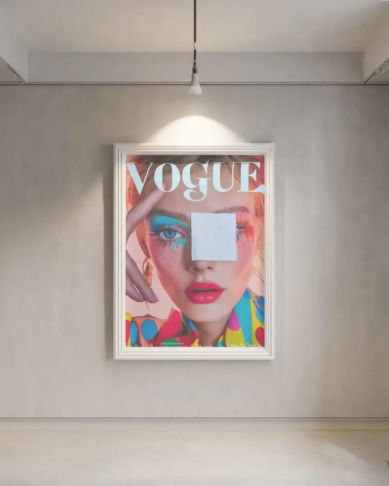 Gallery Style Photoframe Mockup Modern Minimal Interior Single Spotlight Hanging Above Vogue Cover Art Muted Walls Sleek Ambience 0214