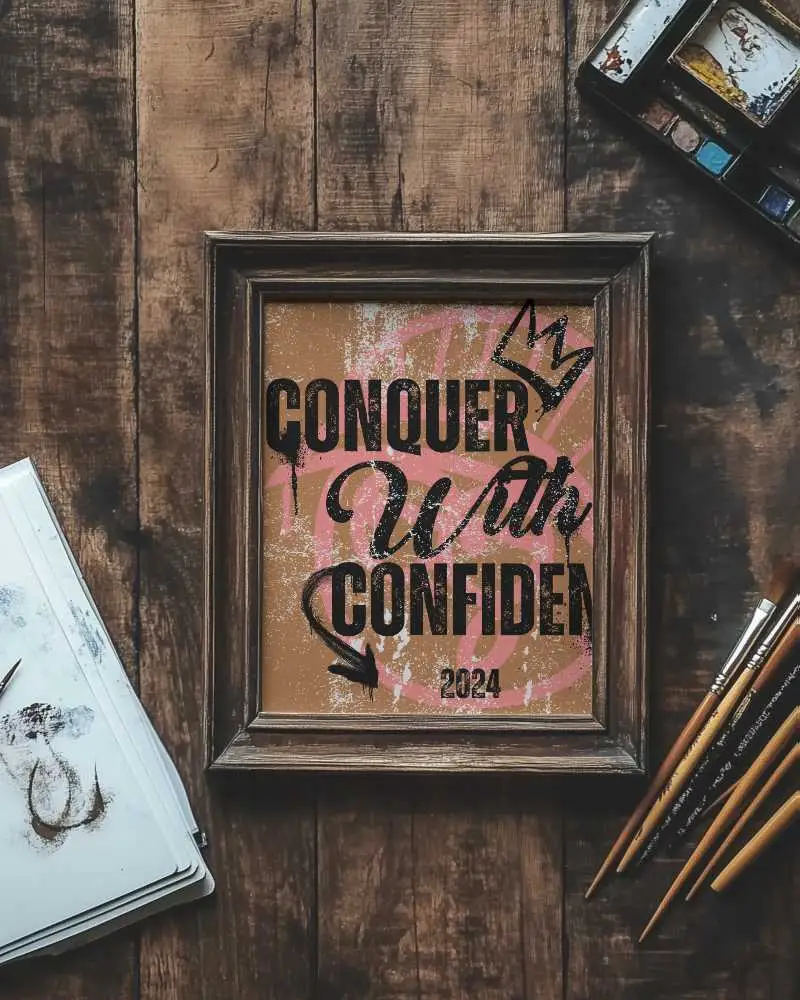 Antique Style Frame Mockup On Weathered Wood Background With Paintbrushes And Sketchpad Aesthetic