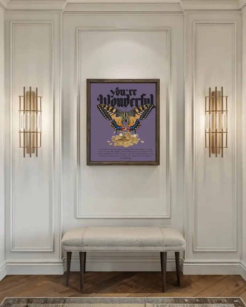 Elegant Wall Frame Mockup In Upscale Home Entryway With Gold Light Fixtures And Neutral Tones For Art Showcases