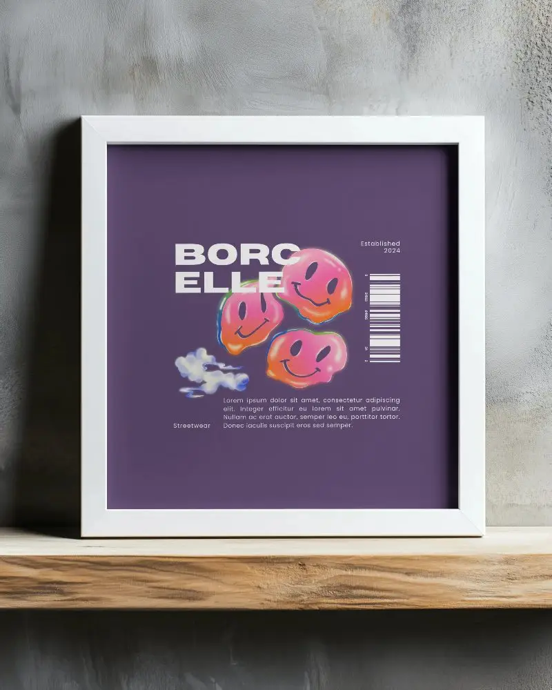 Gallery Style White Frame Mockup On Natural Wood Shelf Against Industrial Wall For Elevated Art