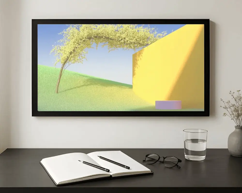 Stylish Room Interior Featuring Large Horizontal Frame Mockup Above Desk With Notebook And Glasses