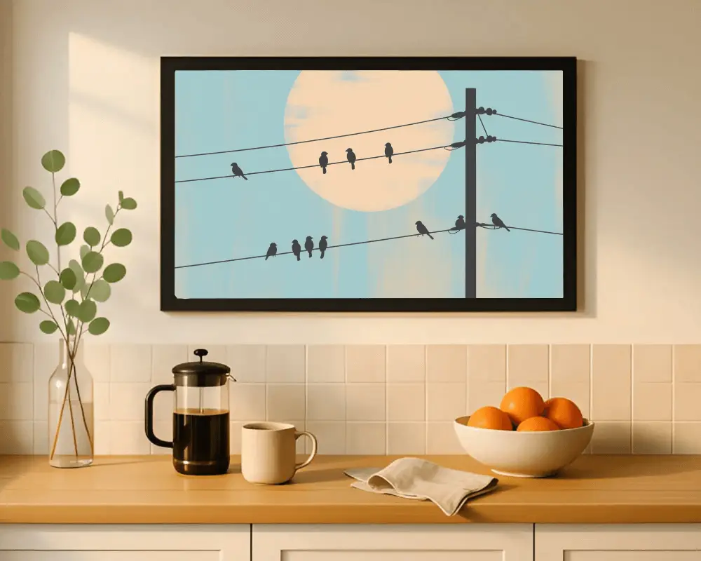 Modern Kitchen Wall Frame Mockup With Coffee Set And Fruit Bowl For Home Decor