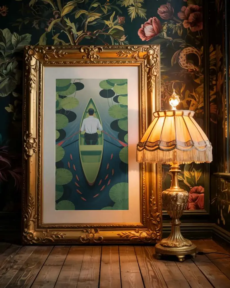 ornate-antique-style-photo-frame-mockup-standing-on-wooden-floor-with-lamp-glow-ambient-lighting