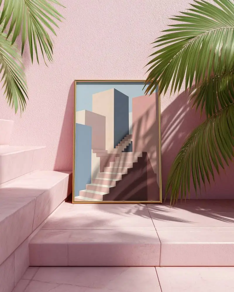 Modern Minimalist Frame Mockup With Palm Leaf Shadow And Pink Textured Background Design