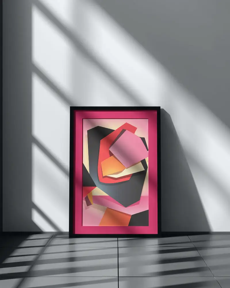 Blank Photo Frame Mockup On Floor With Abstract Shadow Play And Tiled Background