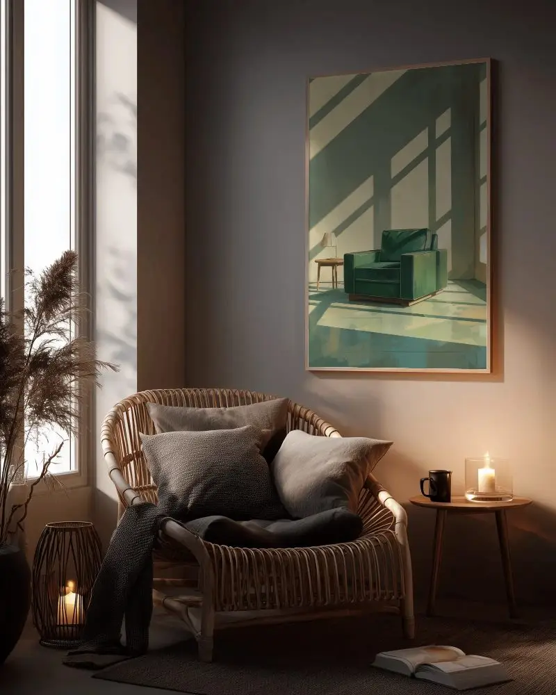 Elegant Wall Frame Mockup Above Rattan Lounge Chair With Pillows And Soft Lighting