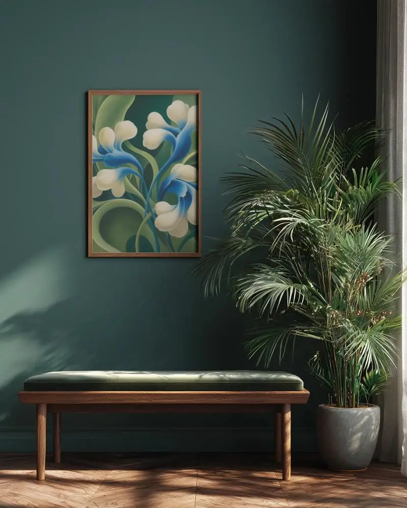 Modern Wooden Bench With Frame Mockup Wall Art And Large Indoor Plant In Minimalist Living Space
