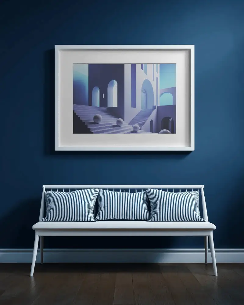 Modern Wall Frame Mockup Above Striped Cushion Bench Interior Design Inspiration