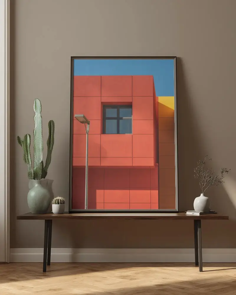 Modern Minimalist Frame Mockup On Bench With Plants And Clean Neutral Background