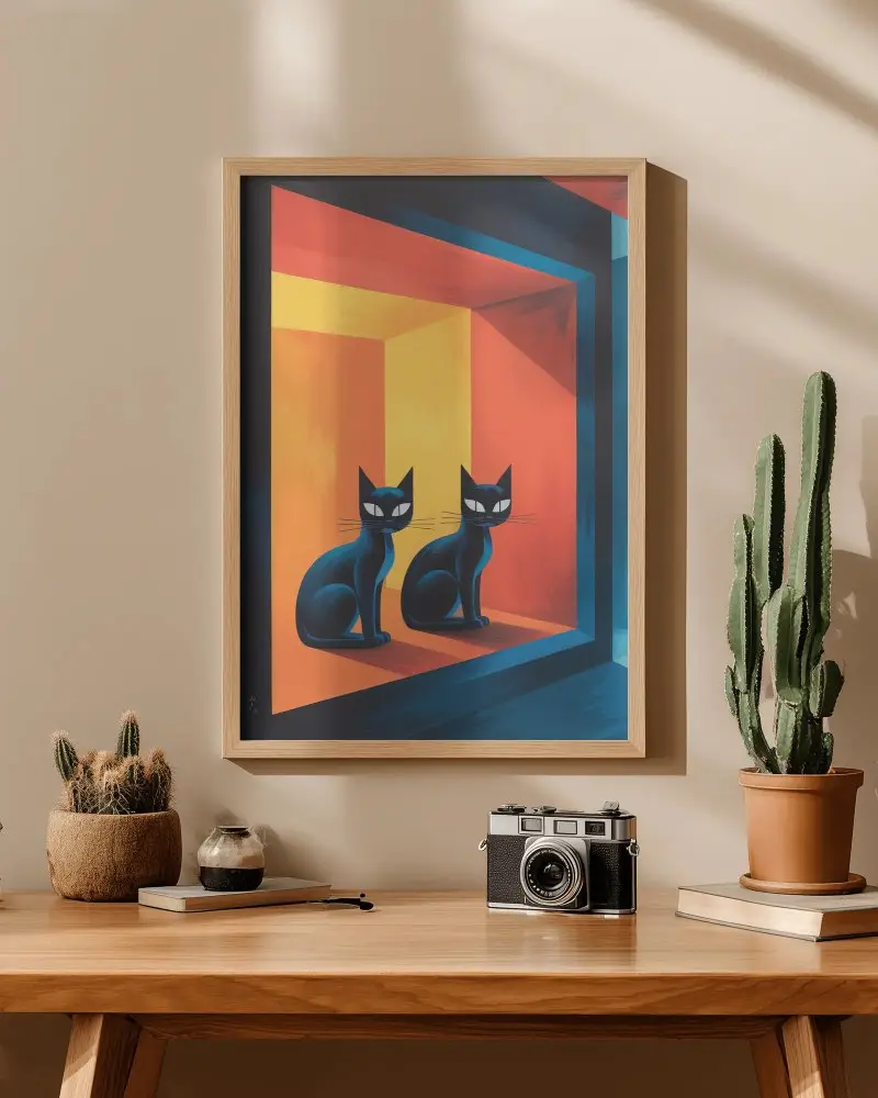 Modern Minimalist Wooden Frame Mockup Hanging Over Wooden Desk With Vintage Camera