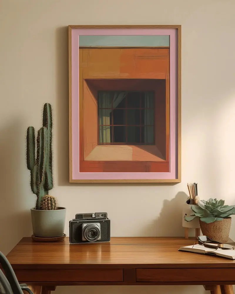 Modern Minimalist Wall Frame Mockup On Wooden Desk Interior Decor With Potted Plants