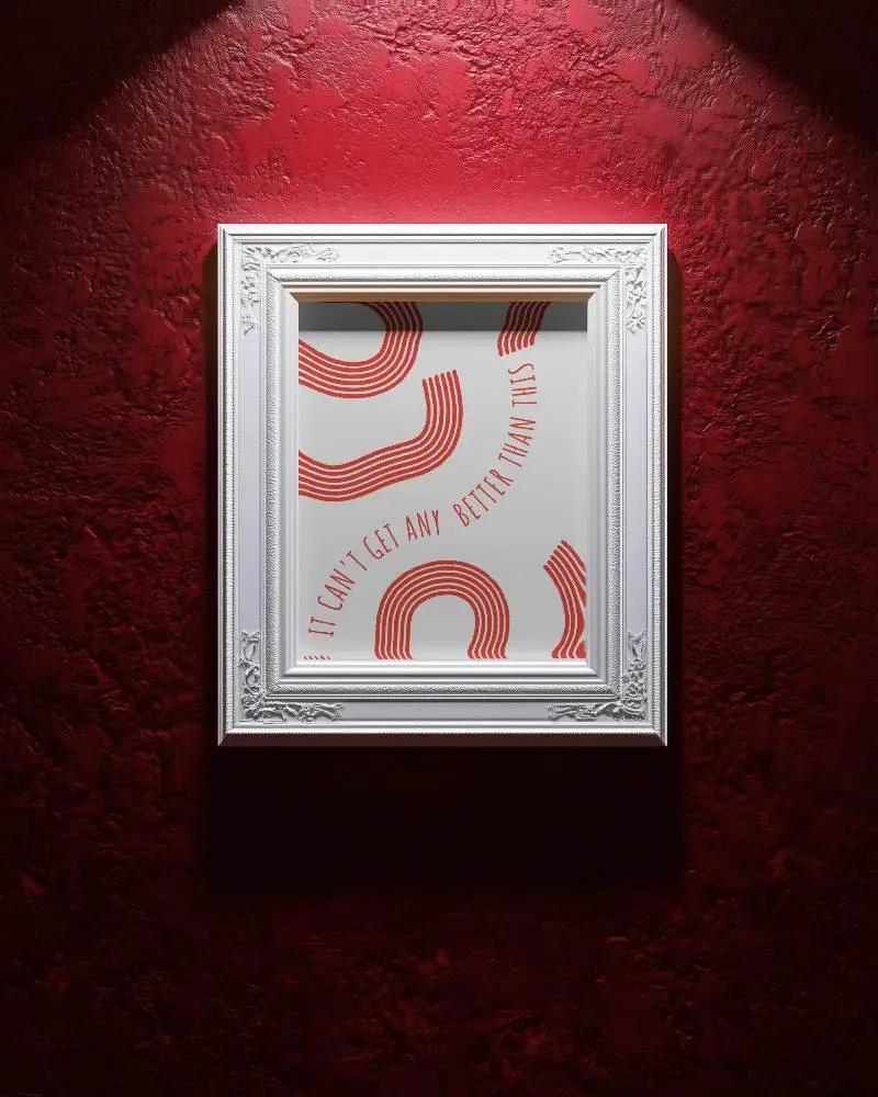 Regal Vintage White Frame Mockup Deep Red Wall Background With Studio Lighting Ideal For High End Brand Presentation Or Art