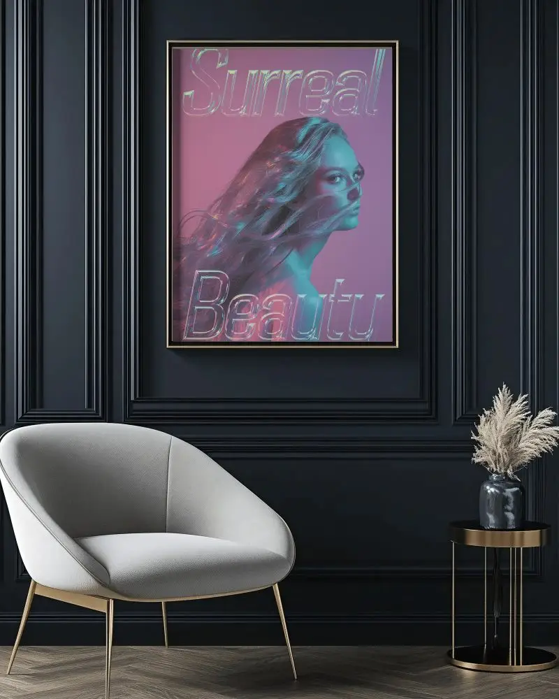 Elegant Vertical Poster Frame Mockup In A Dark Modern Living Room With Luxury Armchair And Minimalist Decor