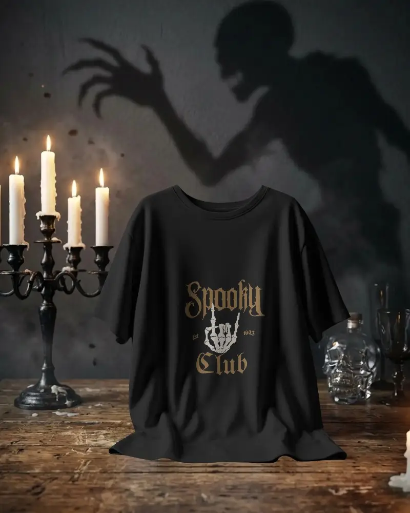 Haunted Halloween Tshirt Mockup Dark Shadow Creature Candelabra Vintage Horror Vibe