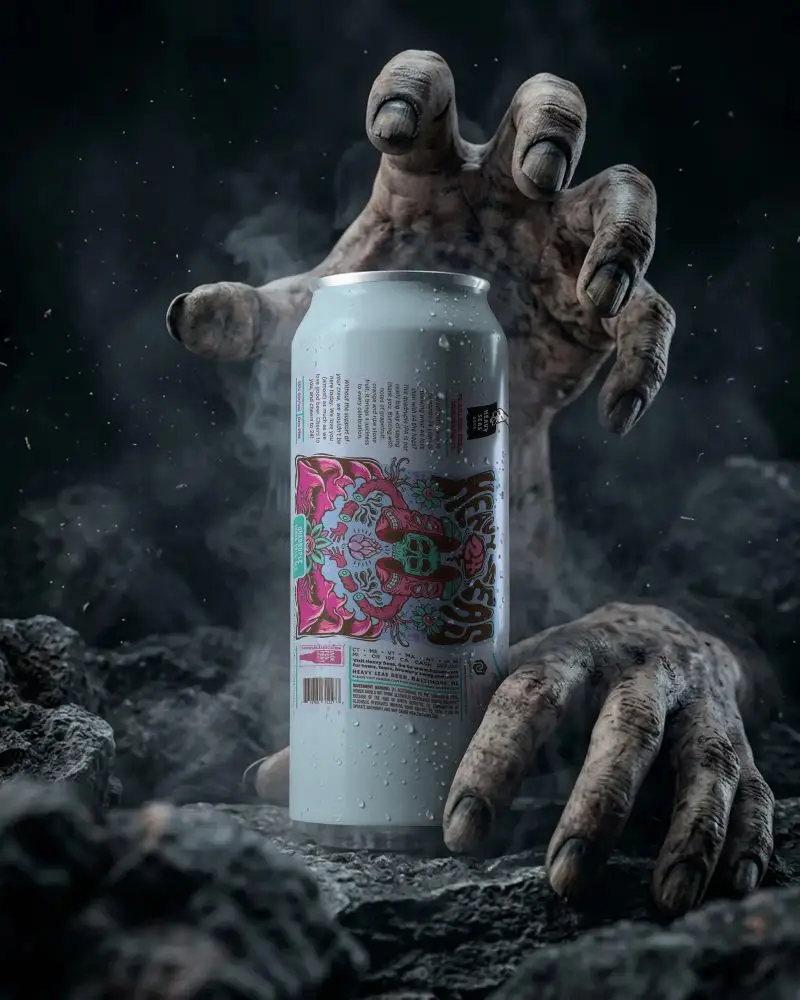 Realistic Halloween Can Mockup With Creepy Zombie Hands Grabbing From Dark Smoky Ground