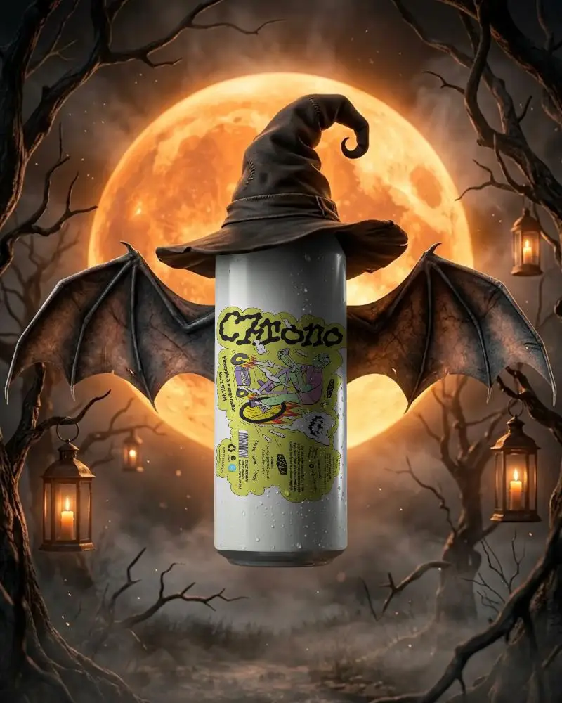 Spooky Halloween Can Mockup With Witch Hat And Bat Wings Under Full Moon Light