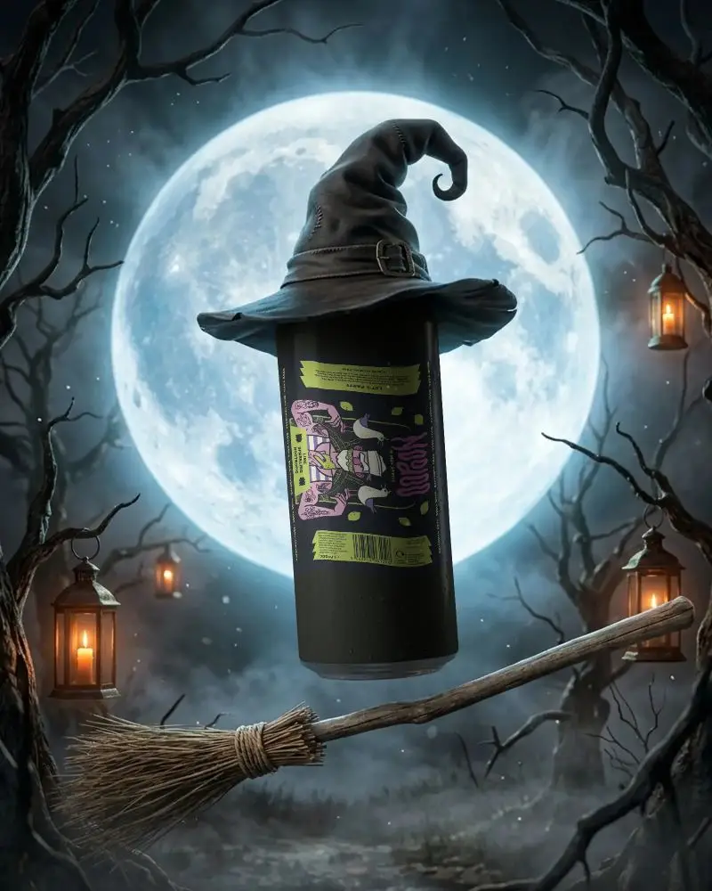 Spooky Halloween Can Mockup With Witch Hat And Broomstick Under Full Moon Night