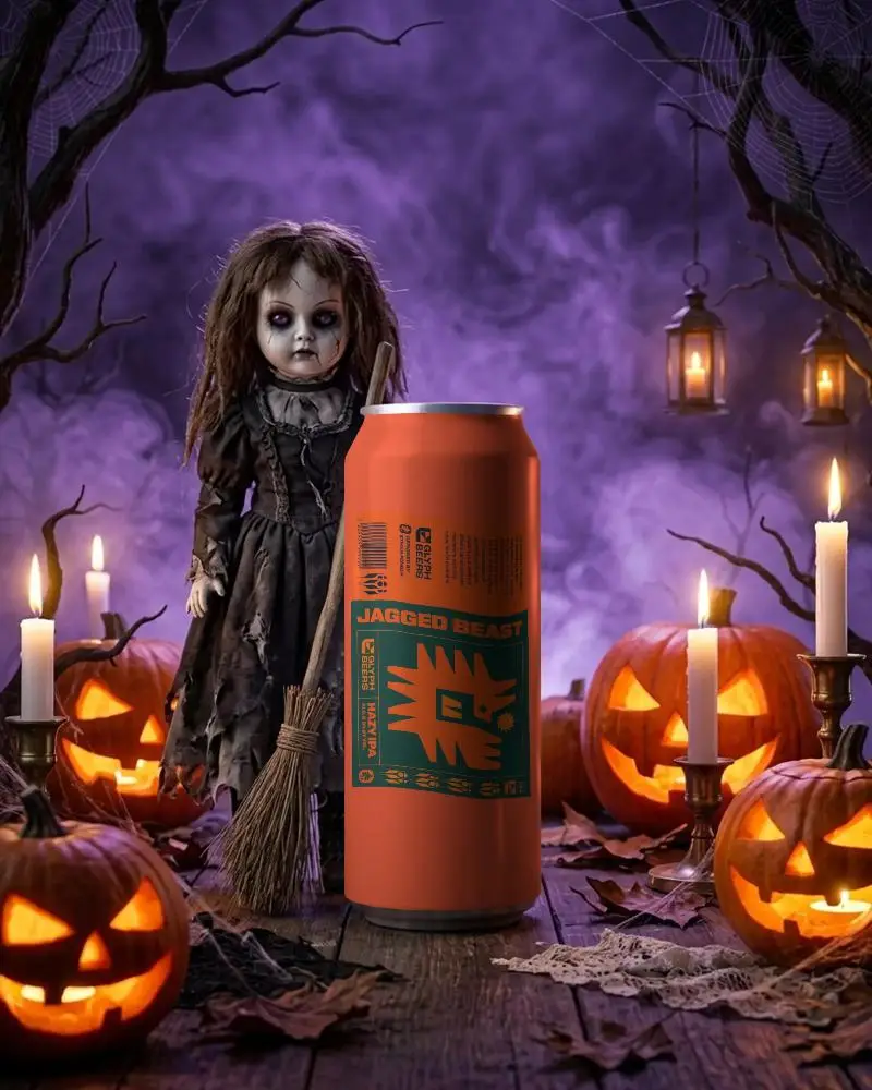 Spooky Halloween Can Mockup With Glowing Jackolanterns Creepy Doll And Candlelight Setting