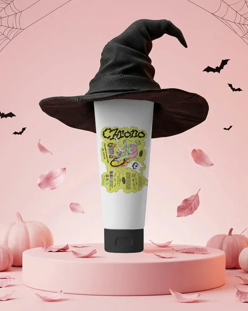 Festive Halloween Product Tube Mockup With Falling Leaves And Pumpkin Decoration