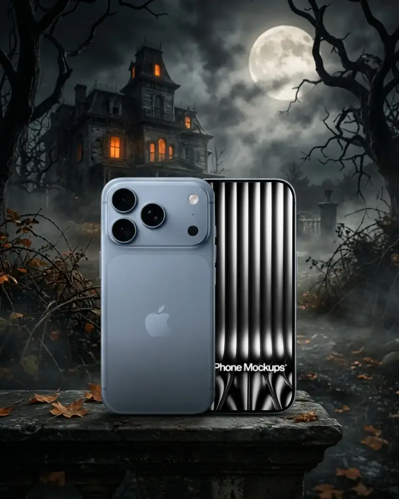 Eerie Halloween Phone 17 Mockup Moonlit Haunted Mansion Dark Foreboding Atmosphere