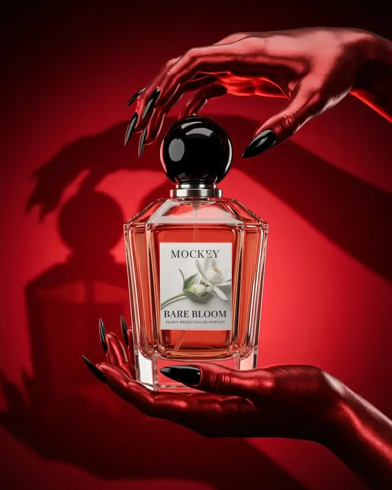 Spooky Halloween Perfume Bottle Mockup With Evil Hands And Dark Shadow Background