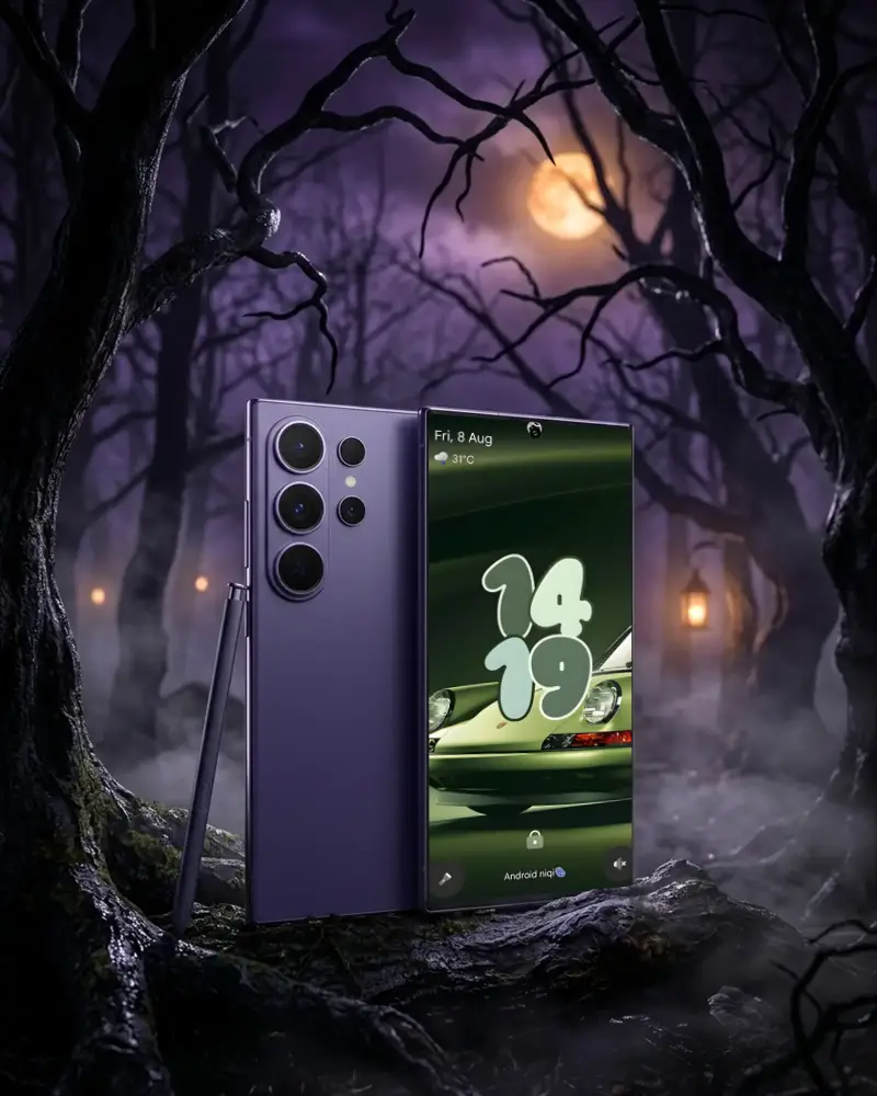 Halloween Night Samsungs25 Smartphone Mockup Spooky Forest Moonlight Dark Mystery Design