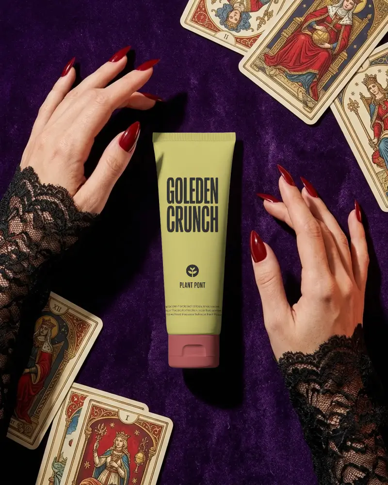 Mystical Hands With Long Nails Around Scarey Tarot Cards And Cosmetic Tube Mockup