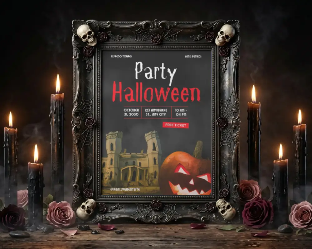 Spooky Halloween Poster Mockup With Skull Decorations Candles And Dark Ornate Picture Frame