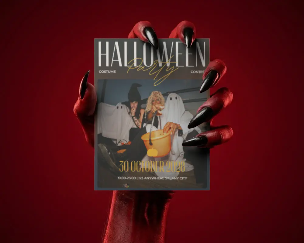 Spooky Halloween Devil Hand With Claws Holding Blank Poster Mockup Design