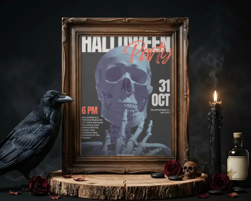 Spooky Halloween Poster Mockup With Raven Skull Rosegothic Candlelight Horror Theme Design