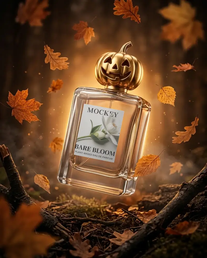Halloween Themed Perfume Bottle Mockup With Falling Autumn Leaves And Spooky Pumpkin Cap