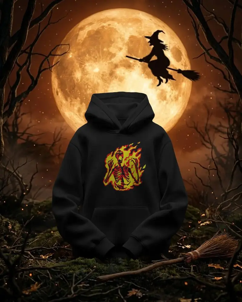 Halloween Themed Hoodie Mockup With Full Moon Witch Silhouette And Dark Forest Background