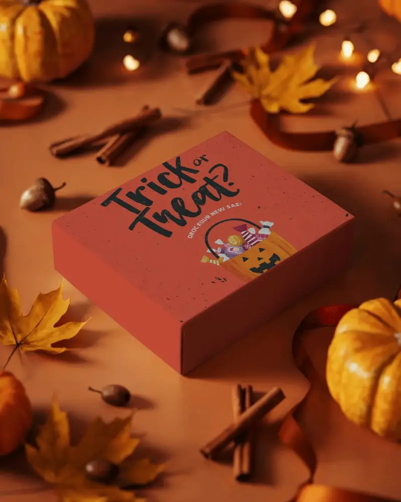 Halloween Gift Box Mockup With Autumn Leaves Acorns Pumpkins And Cinnamon Sticks