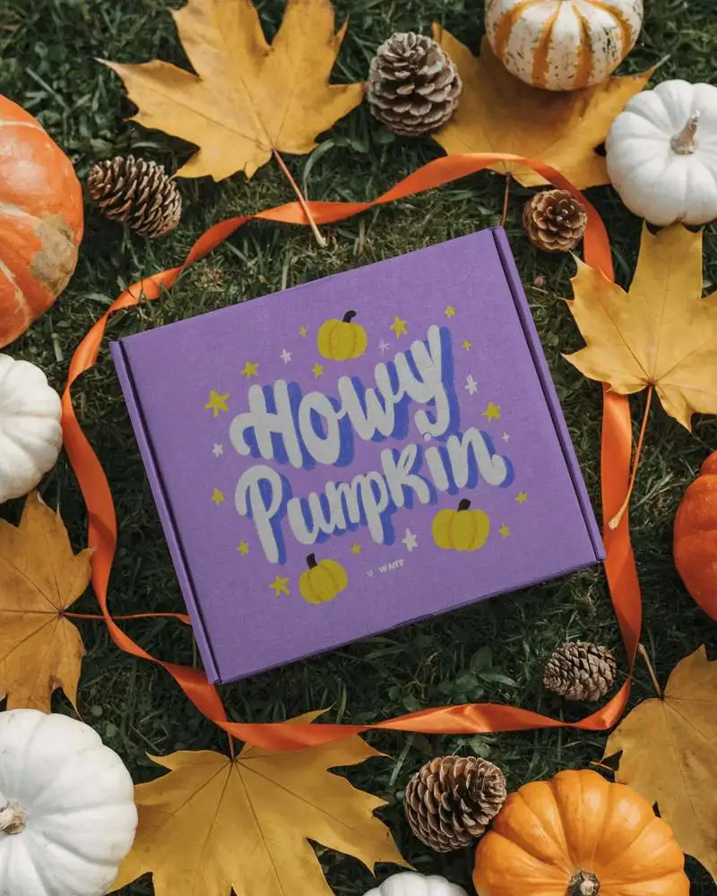 Halloween Gift Box Mockup With Pinecones And Autumn Leaves On Grass Background