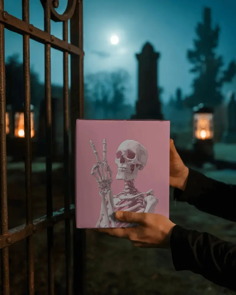 Spooky Halloween Gift Box Mockup In Creepy Nighttime Cemetery Setting With Moonlight