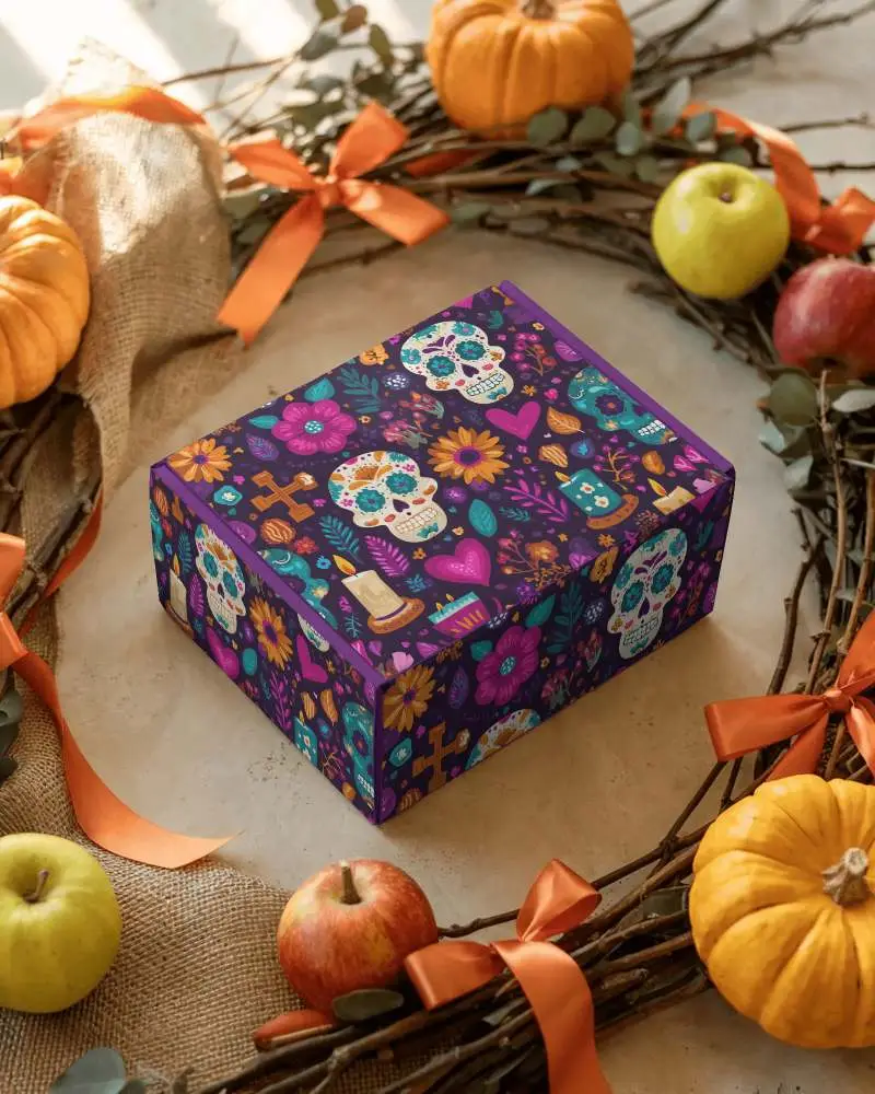 Halloween Gift Box Mockup In Fall Themed Wreath With Pumpkins Apples And Orange Ribbons
