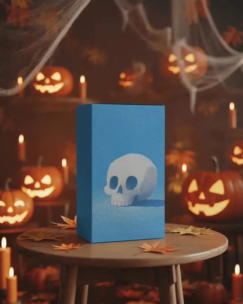 Festive Halloween Mockup With Scary Carved Pumpkins And Glowing Candles Around Box