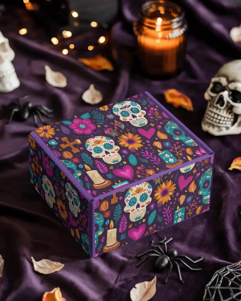 Spooky Halloween Gift Box Mockup With Skulls Candles And Decorative Spiders On Purple Fabric
