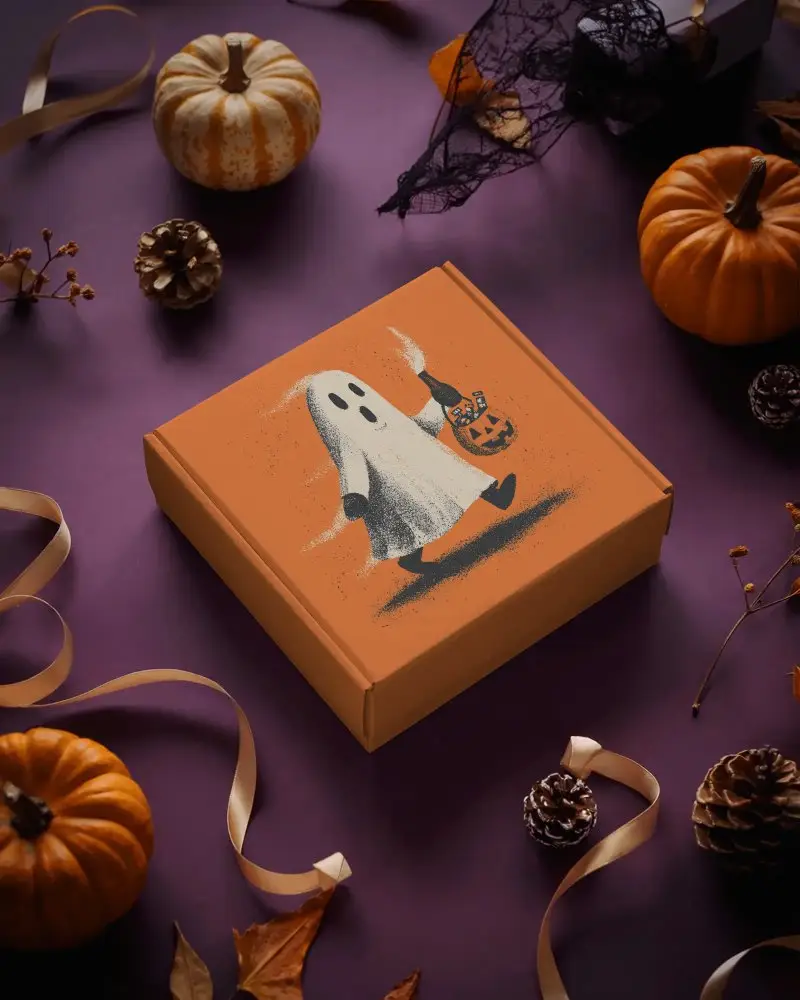 Spooky Halloween Gift Box Mockup With Pinecones Pumpkins And Ribbons For Festive Presents