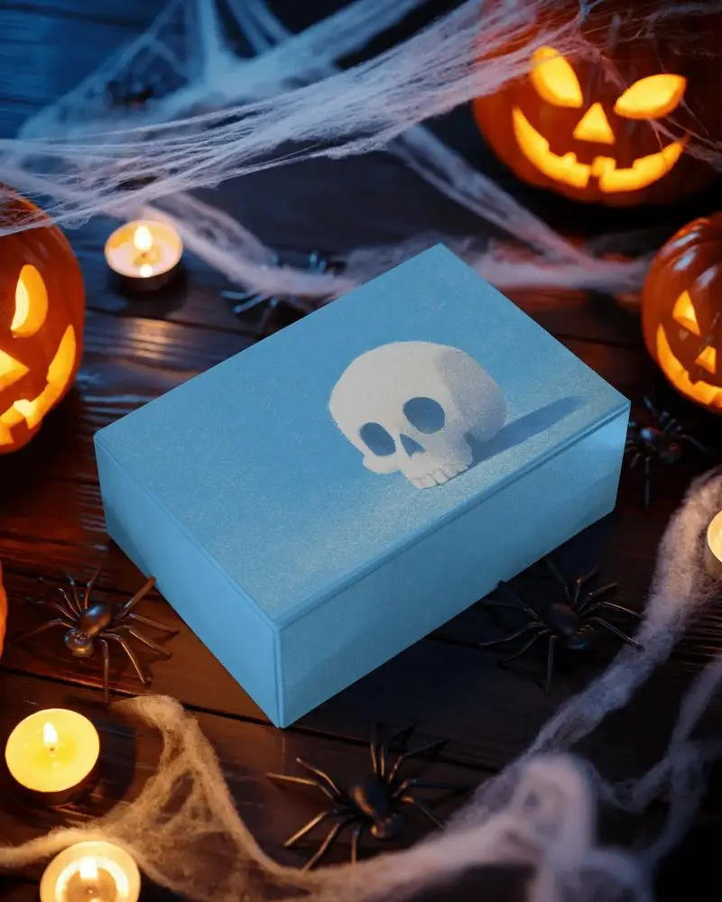 Spooky Halloween Box Mockup With Jack O Lanterns Spiders And Candles In Dark Setting