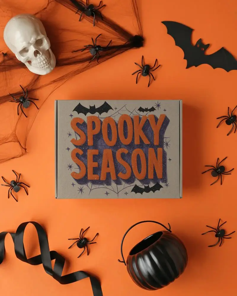 Spooky Halloween Box Mockup With Skull Spiders And Bat On Orange Background For Design