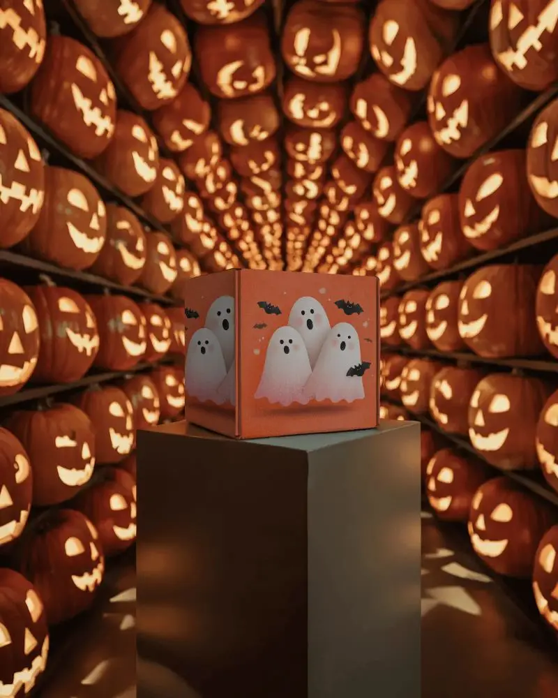 Spooky Halloween Box Mockup On Pedestal With Rows Of Carved Pumpkins