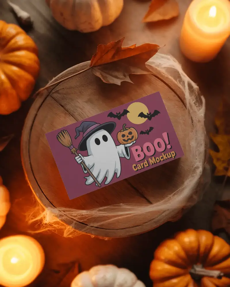 Spooky Halloween Card Mockup Surrounded By Pumpkins Candlelight And Dry Leaves