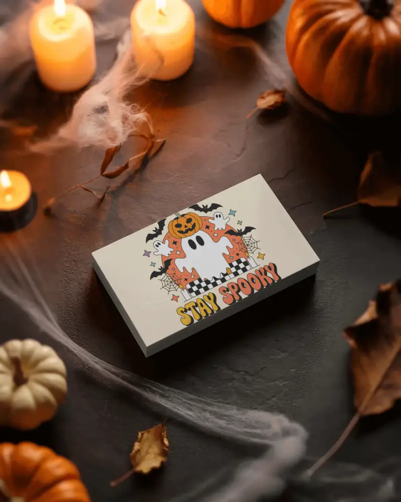 Halloween Business Card Mockup On Dark Stone With Candles Cobwebs And Autumn Leaves